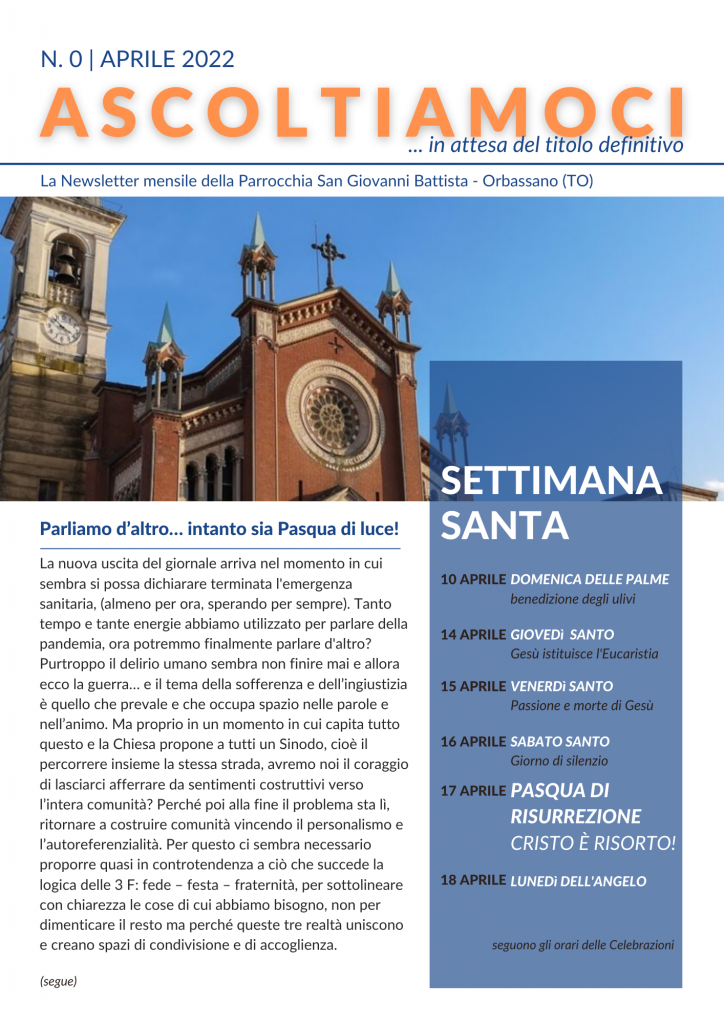 Newsletter n. 0 pag. 1 - Parrocchia San Giovanni Battista - Orbassano TO