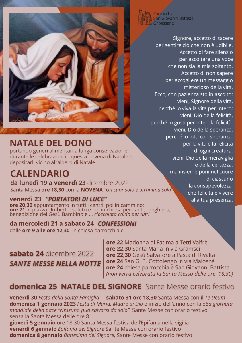 Calendario Natale 2022 Parrocchia San Giovanni Battista Orbassano