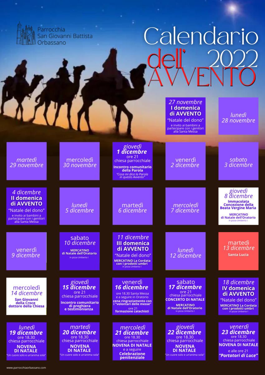 Calendario dell’AVVENTO 2022 Parrocchia San Giovanni Battista Orbassano TO