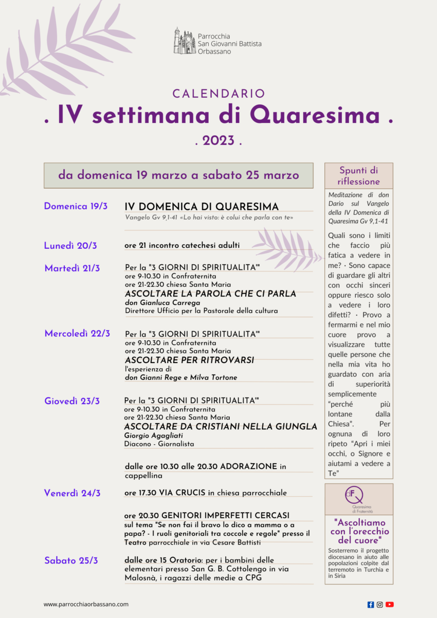 Calendario IV settimana di Quaresima 2023 Parrocchia San Giovanni Battista Orbassano