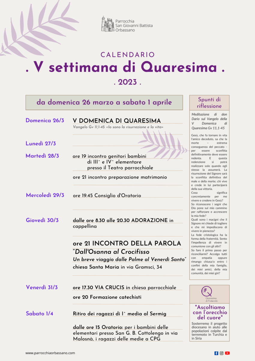 Calendario V settimana di Quaresima 2023 Parrocchia San Giovanni Battista Orbassano