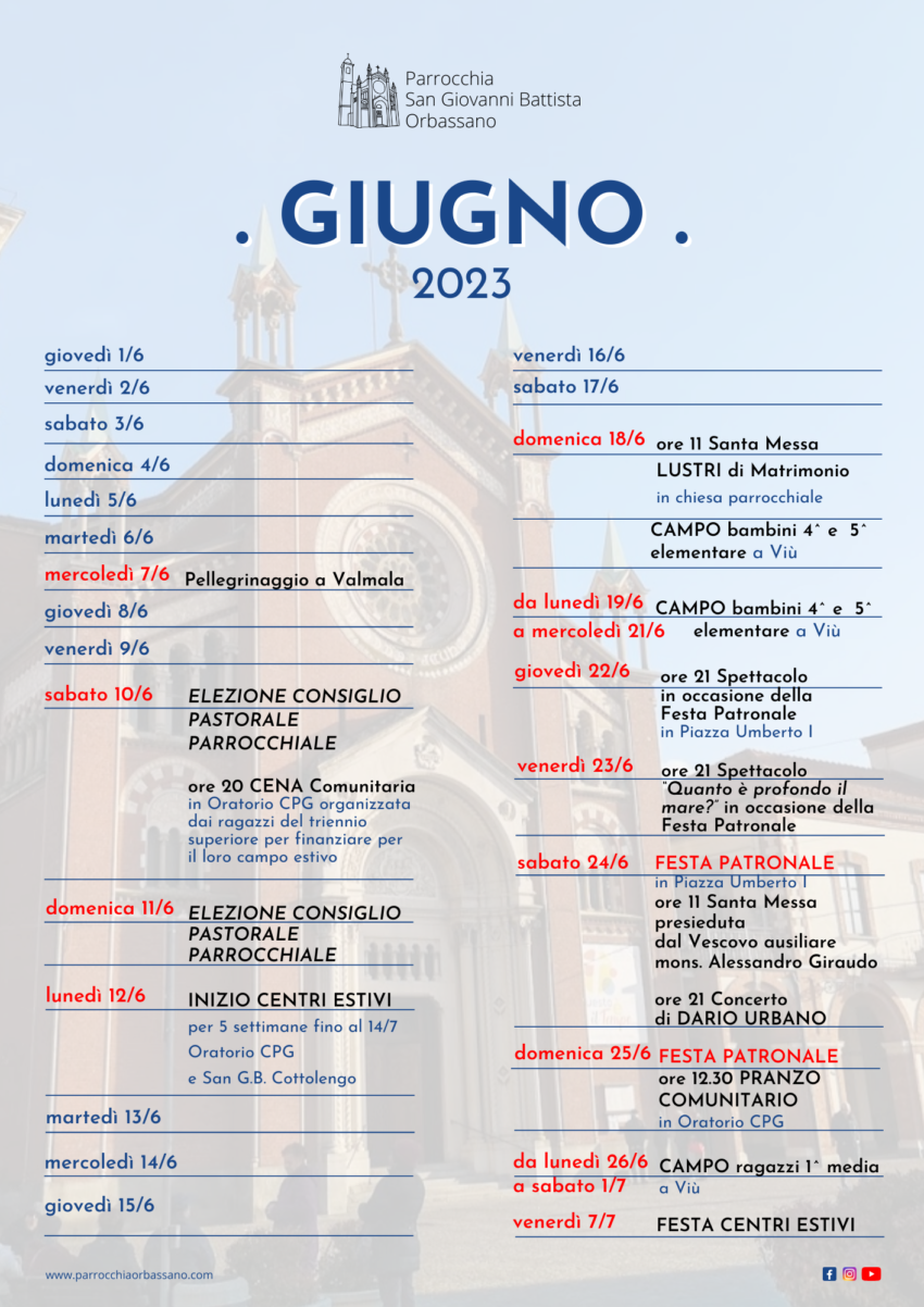 Calendario giugno 2023 Festa patronale Parrocchi San Giovanni Battista Orbassano