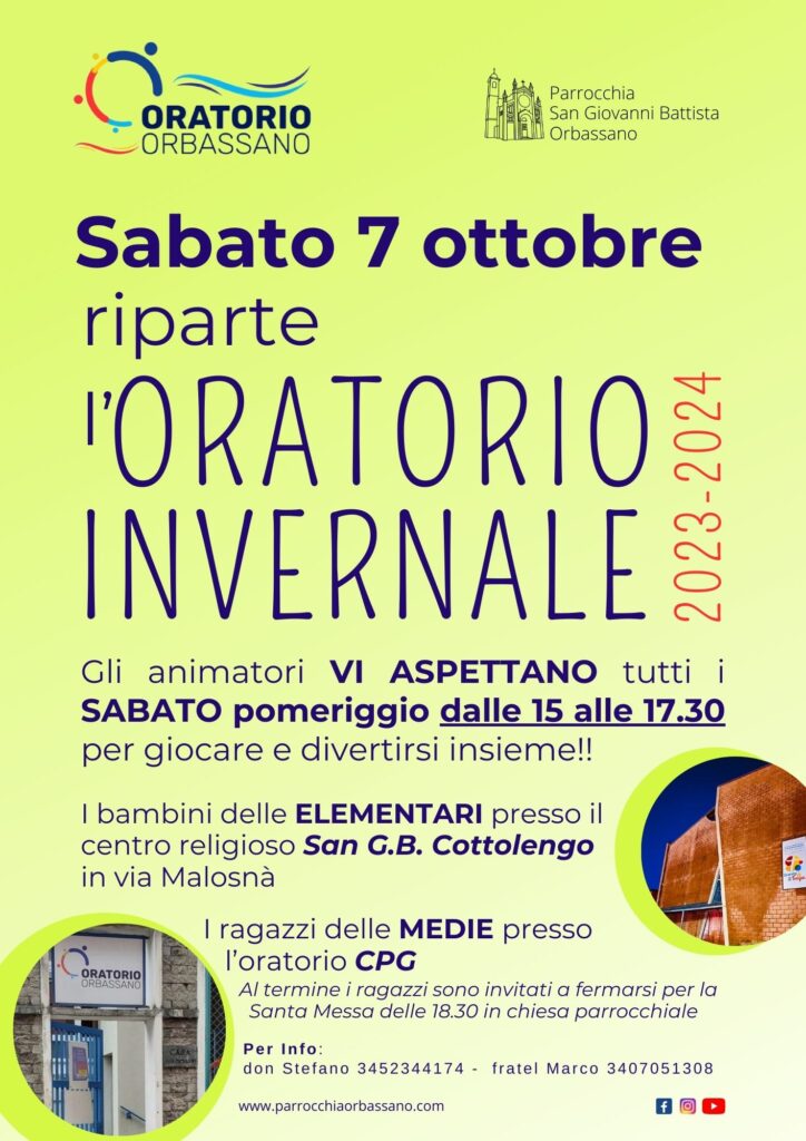 Riparte l'Oratorio Invernale sabato 7 ottobre 2023 Parrocchia San Giovanni Battista Orbassano