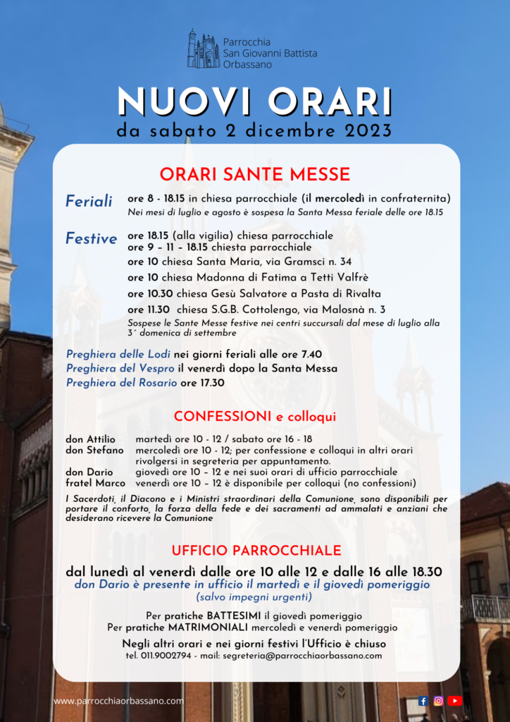 Nuovi orari dal 2 dicembre 2023 Parrocchia San Giovanni Battista Orbassano