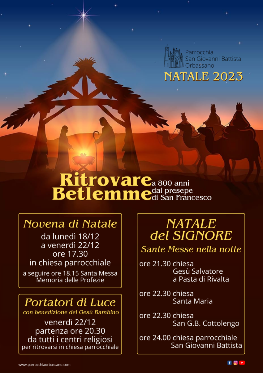 Settimana di Natale 2023 Parrocchia San Giovanni Battista Orbassano - Novena di Natale, Portatori di Luce e Sante Messe nella notte di Natale