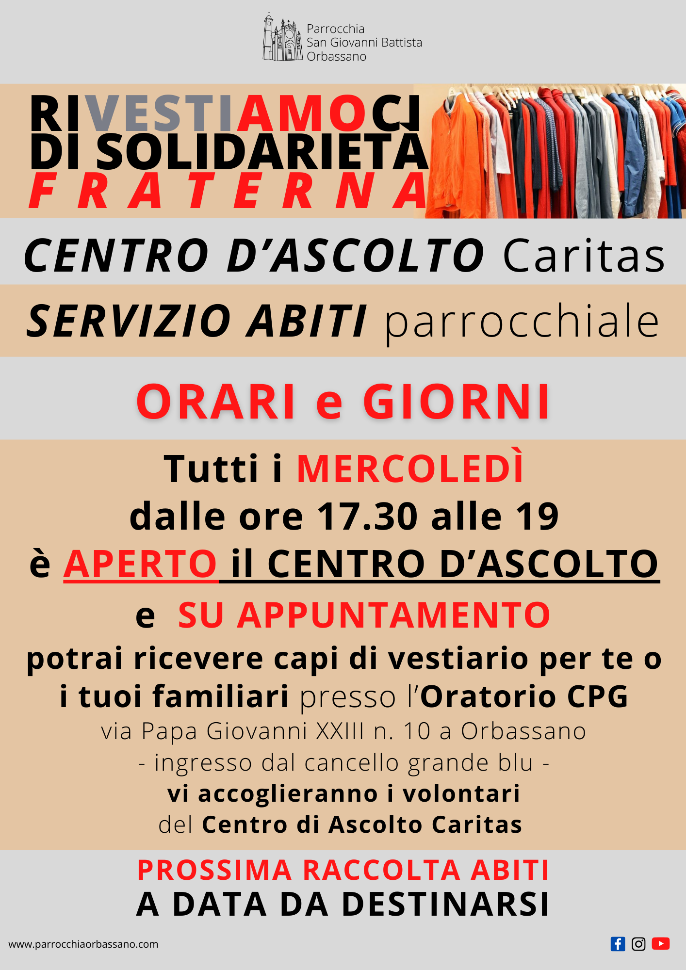 Orari Centro di Ascolto e servizio abiti Caritas Parrocchia San Giovanni Battista Orbassano